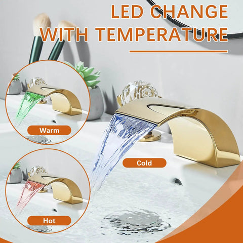 LED Waterfall Widespread Bathroom Faucet Polished Gold Finish with 2 Crystal Knobs showcasing temperature color LED indicator.