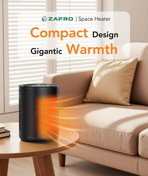 Compact Indoor Space Heater With Digital Display And Remote, 1500W PTC Ceramic Fast Heat placed on a coffee table in a cozy living room.