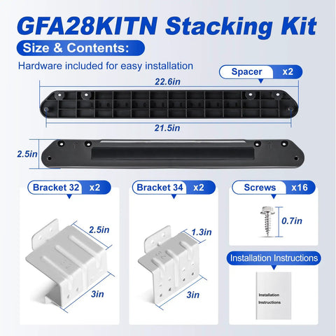 Patented 28 Inch Washer Dryer Stacking Kit For Front Load Laundry GE Compatible, parts list and dimensions included