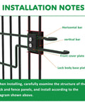 Installation diagram of Durable No Dig Garden Fence With Gate 32 Inch Tall Panels showing lock components and setup instructions.