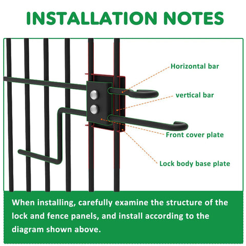 Installation diagram of Durable No Dig Garden Fence With Gate 32 Inch Tall Panels showing lock components and setup instructions.