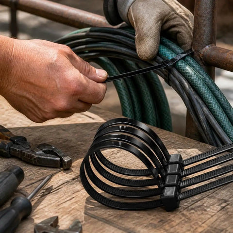 Heavy Duty Self Locking Nylon Cable Ties In Black used to secure multiple cables on a workbench, showcasing tough performance.