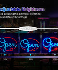 Open Sign For Business 16x12 Inch LED Neon Sign USB Powered Brightness Adjustable For Window Bar Store Party Decor Eye Catching Neon Light Sign Perfect For Day Or Night showing adjustable brightness.