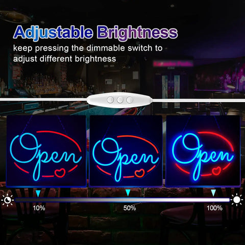 Open Sign For Business 16x12 Inch LED Neon Sign USB Powered Brightness Adjustable For Window Bar Store Party Decor Eye Catching Neon Light Sign Perfect For Day Or Night showing adjustable brightness.
