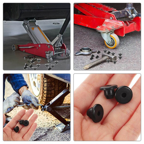 5 Piece Rubber Hydraulic Filler Plugs Set For 5 Sixteen Inch Holes Floor Oil Filler Bung And Automotive Jack Accessory Durable Heavy Duty Rubber Plug Kit For Floor Repair Leak Prevention And Hydraulic System Maintenance shown with tools and jacks