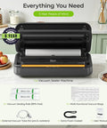 Pro Grade Vacuum Sealer With Built In Cutter And Bag Storage 90KPa Strong Vacuum Dry Moist And Liquid Modes Vacuum And Seal Manual Seal Marinate Pulse Includes 2 Rolls And 5 Bags Locking Handle For Easy Use displaying vacuum sealer with accessories and 5-year warranty