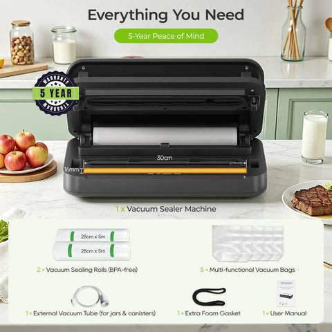 Pro Grade Vacuum Sealer With Built In Cutter And Bag Storage 90KPa Strong Vacuum Dry Moist And Liquid Modes Vacuum And Seal Manual Seal Marinate Pulse Includes 2 Rolls And 5 Bags Locking Handle For Easy Use displaying vacuum sealer with accessories and 5-year warranty