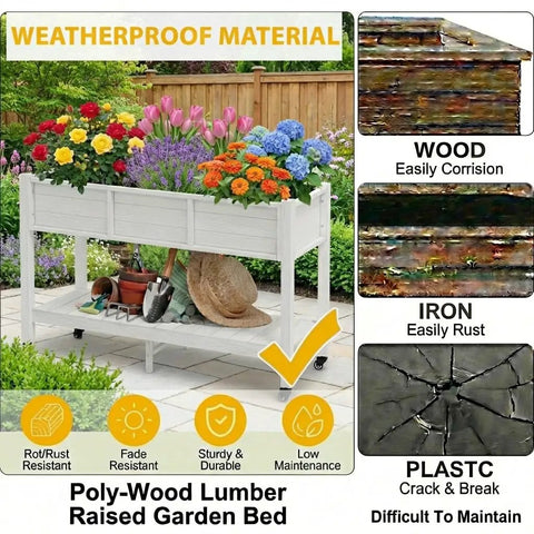 Raised Garden Bed On Wheels With Legs And Lockable Casters, Weather Resistant HDPE Elevated Planter Box with colorful flowers