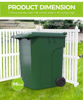 Outdoor Privacy Fence Panels Kit 48x48 Inch White Vinyl Slat Fence for AC Unit and Trash Can Enclosure behind green trash bin.