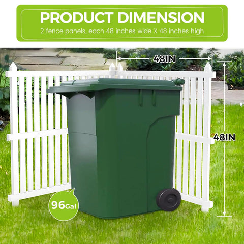 Outdoor Privacy Fence Panels Kit 48x48 Inch White Vinyl Slat Fence for AC Unit and Trash Can Enclosure behind green trash bin.