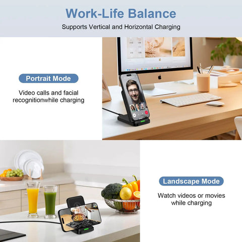 Wireless Charging Stand For 15W Fast Charging With Auto Output Galaxy S26 Ultra S25 S24 S23 S22 S21 And Motorola Edge 2025 G Stylus 5G G Power 2025 Desk Mount Pad For Everyday Use showing portrait and landscape modes in use on desk