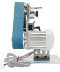 Premium Variable Speed Belt Grinder For Heavy Duty Metalworking side view showing 750W brushless motor and grinding belt.