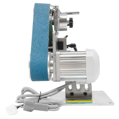 Premium Variable Speed Belt Grinder For Heavy Duty Metalworking side view showing 750W brushless motor and grinding belt.