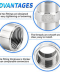 Hex Coupling Pipe Fitting One Half Inch NPT Female To One Half Inch NPT Female Stainless Steel 304 Heavy Duty Corrosion Resistant Thread Adapter with threaded interior and exterior view, highlighting design advantages.