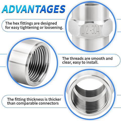 Hex Coupling Pipe Fitting One Half Inch NPT Female To One Half Inch NPT Female Stainless Steel 304 Heavy Duty Corrosion Resistant Thread Adapter with threaded interior and exterior view, highlighting design advantages.