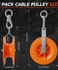 Two Pack Heavy Duty Cable Pulley Featuring A 360 Degree Swivel Ring And Anti Friction Bearing For Smooth As Butter Operation With Rust Resistant Bracket, size dimensions shown.