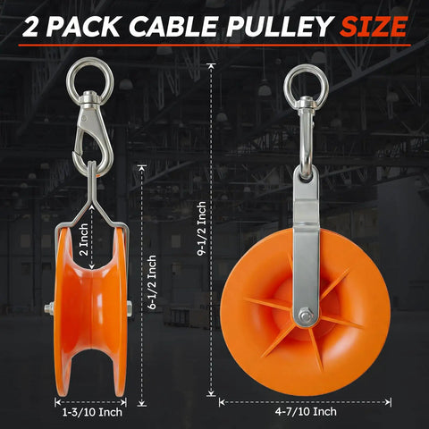Two Pack Heavy Duty Cable Pulley Featuring A 360 Degree Swivel Ring And Anti Friction Bearing For Smooth As Butter Operation With Rust Resistant Bracket, size dimensions shown.