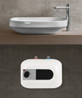 Premium Super Smooth 110V Under Sink Electric Water Heater Delivering Rock Solid 1500W Instant Heat And Hassle Free Auto Refill Design For Tight Bathroom Corners mounted under sink with faucet.