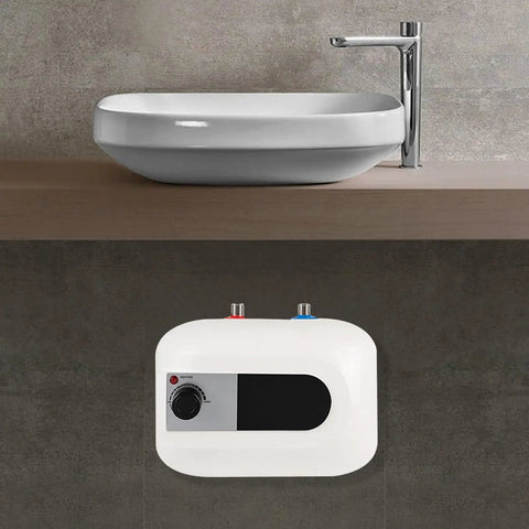 Premium Super Smooth 110V Under Sink Electric Water Heater Delivering Rock Solid 1500W Instant Heat And Hassle Free Auto Refill Design For Tight Bathroom Corners mounted under sink with faucet.