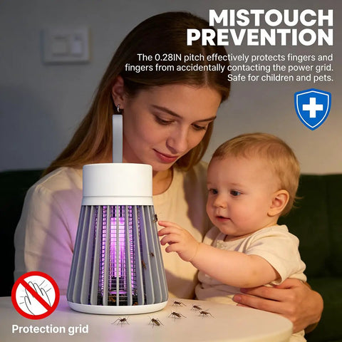 Indoor Outdoor Mosquito Zapper USB Rechargeable Bug Killer Lamp Portable UV Insect Trap on table with mother and baby