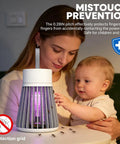 Rechargeable 2 In 1 Bug Zapper Lamp For Indoor Outdoor Use shown on a table with woman and child nearby, highlighting safe design.