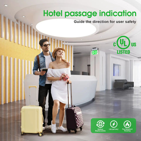 Hotel lobby with a Green LED Edge Lit Exit Sign With Brushed Aluminum Housing UL Listed Emergency Exit Light visible above door.