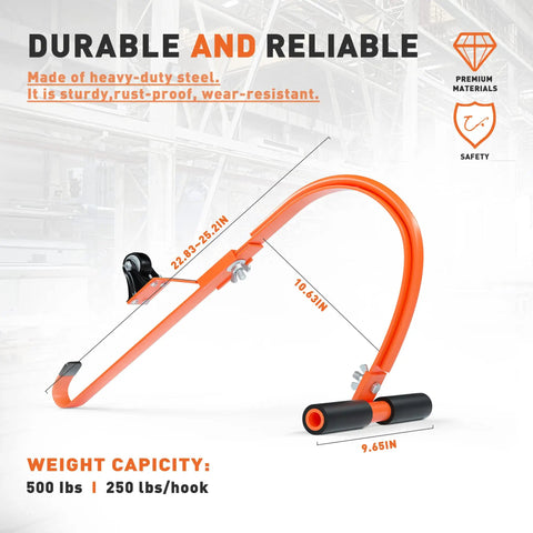 Ladder Roof Hook 2 Pack With Wheel Heavy Duty Steel Stabilizer for steep roofs; dimensions and weight capacity details shown
