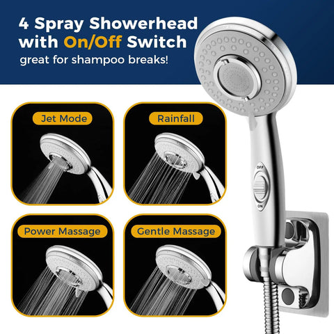 Faucet Sprayer Attachment With On Off Switch Four Modes displayed as showerhead with spray options for versatile use.