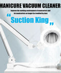 Top Tier Nail Dust Collector Machine With Integrated Lamp And Badass Suction Fan For Manicurists And Home Salon Crews Offering Ten Adjustable Speeds And Ultra Quiet Operation For Crisp Filings, shown in action with vacuum arm.