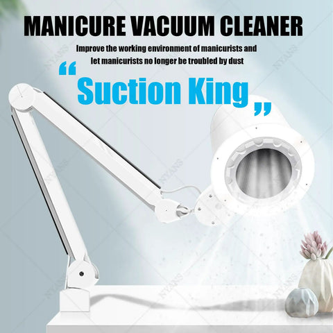 Top Tier Nail Dust Collector Machine With Integrated Lamp And Badass Suction Fan For Manicurists And Home Salon Crews Offering Ten Adjustable Speeds And Ultra Quiet Operation For Crisp Filings, shown in action with vacuum arm.