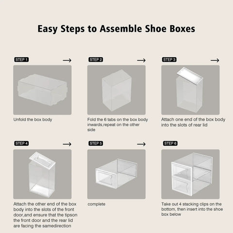 Assembly steps for 12 Pack Clear Shoe Storage Boxes For Closet Organization, Stackable And Foldable Sneaker Racks.