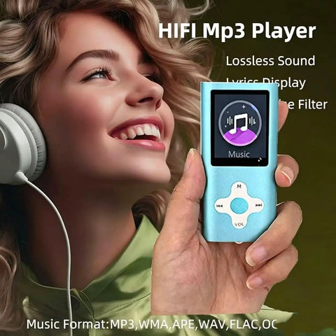 Person holding Ultra Slim 1.8 Inch MP3 Player With 16GB Micro SD Card in blue, featuring a color display, alongside headphones.