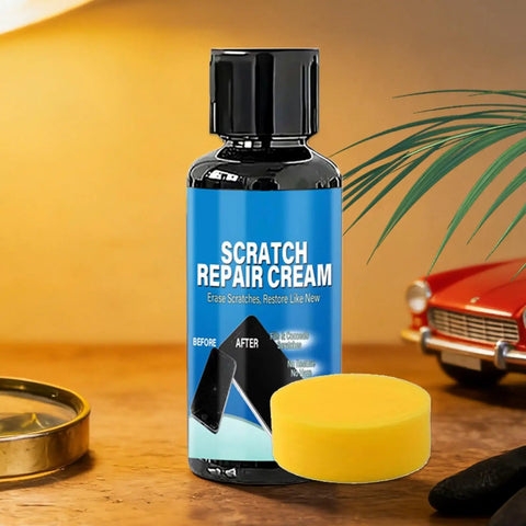 Phone Screen Scratch Remover Kit 30/100g Gentle Polish Cream bottle with yellow sponge on table for quick scratch fix.
