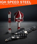 Close-up of Pro Grade Five Piece Spiral Flute Step Drill Bit Set And Five Countersink Bits with visible size markings