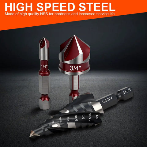 Close-up of Pro Grade Five Piece Spiral Flute Step Drill Bit Set And Five Countersink Bits with visible size markings