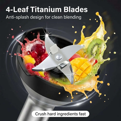 Powerhouse 1200W 8-In-1 Hand Blender With 5-Speed Precision Control Immersion Stick Mixer Set Featuring Pure Copper Motor, 4-leaf titanium blades blending fruits.