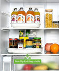 Installed in fridge: Amolliar white 10-inch lazy Susan turntable trays, 3-pack for kitchen pantry organization.