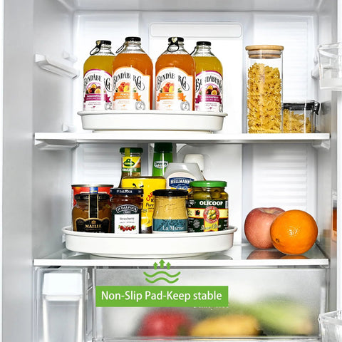 Installed in fridge: Amolliar white 10-inch lazy Susan turntable trays, 3-pack for kitchen pantry organization.