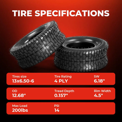 Set Of Two 13x6.50-6 Tubeless Lawn Mower Tires 4 Ply 14 PSI Max Load 200 Lbs Rim Width 4.5 In No Rims Included Fits Small Riding Mowers And Lawn Tractors, shown with tire specs