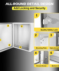 Heavy Duty Outdoor Electrical Junction Box With Boss Level Steel Construction And Legit IP66 Waterproof Seal Plus Powder Coated Shell, showing details like safety lock and mounting plate.