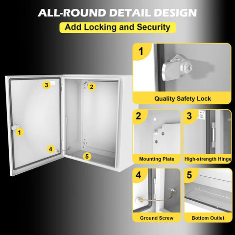 Heavy Duty Outdoor Electrical Junction Box With Boss Level Steel Construction And Legit IP66 Waterproof Seal Plus Powder Coated Shell, showing details like safety lock and mounting plate.