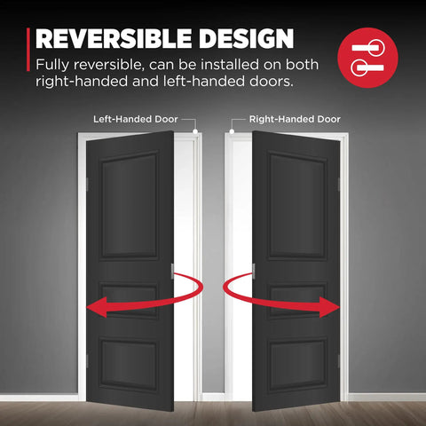 Diagram showing reversible design of Tustin Entry Door Handle With Lock And Key for left and right-handed doors.
