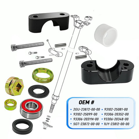Beefed Up Steering Stem Bushing Collar Bearing Seal And Holder Nut Tool Kit For Yamaha ATV Models Including Blaster 200 1998 2006 Grizzly 660 And 700 Raptor 660R 700 Big Bear 250 340 Banshee Wolverine Terrapro YFM, showing product components.