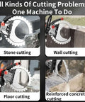 16 Inch Electric Concrete Ring Saw With 8900w Brushless Motor And Water Fed Dust Control For Smooth Core Cutting Up To 118 Inch Depth Shop Dog Workhorse Rig For Daily Trade Tasks shown cutting stone, wall, floor, and reinforced concrete.