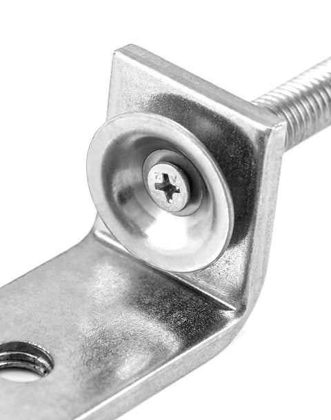 Stainless steel C-clamp with threaded rod and swiveling jaw, side view