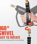 Hand holding Short 5000 PSI Pressure Washer Gun With 360 Degree Swivel Stubby Power Wand, demonstrating swivel feature, fittings visible.