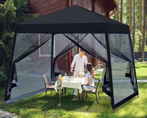 Effortless Pop Up Gazebo Canopy With Mosquito Netting 10x10 Black for backyard patio events and camping.