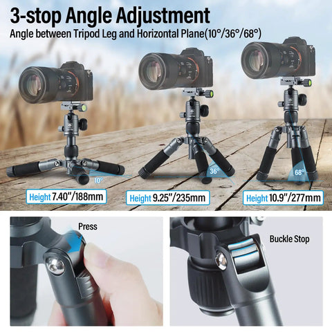 Compact Mini Desktop Tripod For DSLR, Mirrorless Camera, Phone And Action Cam With 360 Degree Ball Head, height adjustments shown