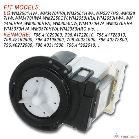 Front view of washer drain pump motor with white impeller on black housing, compatible with Kenmore and LG washers.