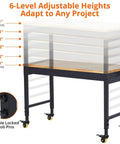 Tough As Nails Mobile Workbench 60 Inch Adjustable Shop Table with visible height levels and double locked knob pins.